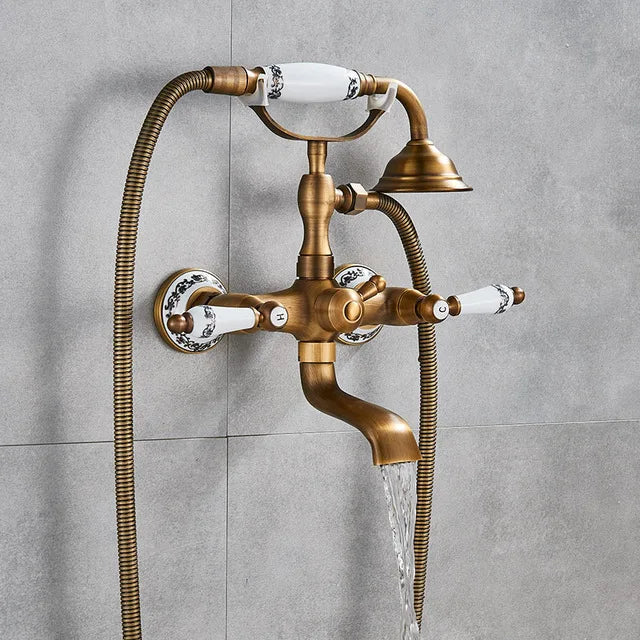 Antique Brass Bathtub Shower Faucets Dual Knobs Mixer