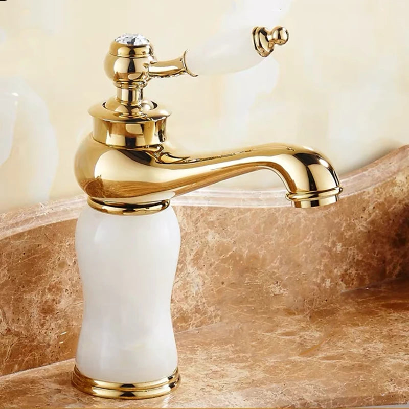 Luxury Golden Handle Bathroom Sink Faucet Jade Marble