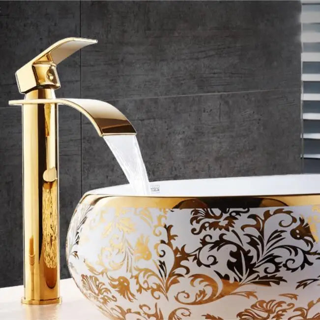 Tuqiu Basin Faucet Gold Waterfall Faucet Brass Bathroom