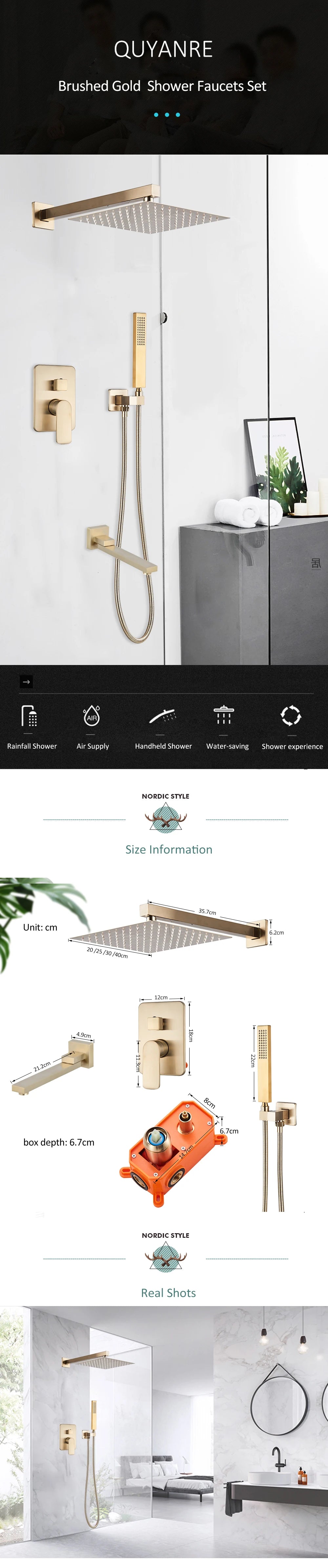 Quyanre Brushed Gold Shower Faucets Bathroom Wall Mounted