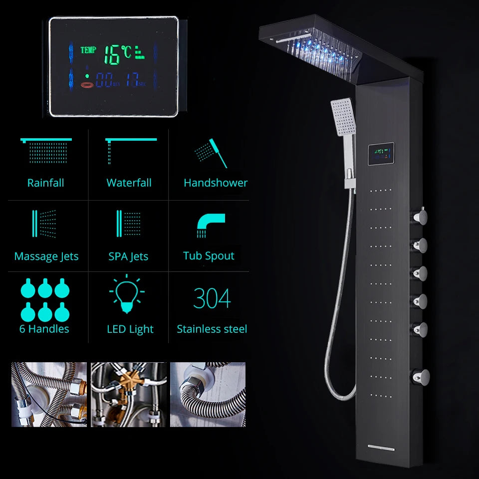 Black/Brushed Bathroom Shower Faucet Led Rainfall Head Shower