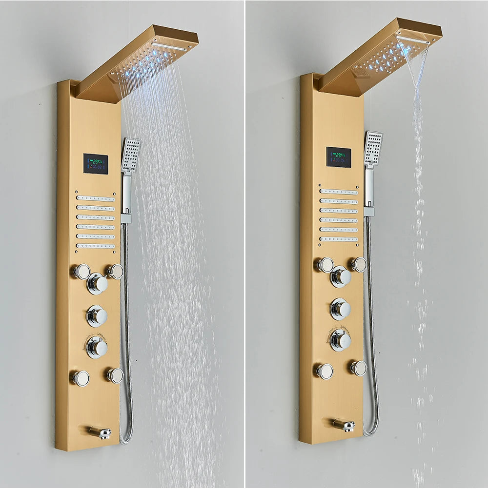 Golden Black Shower Panel Wall Rain Waterfall Shower