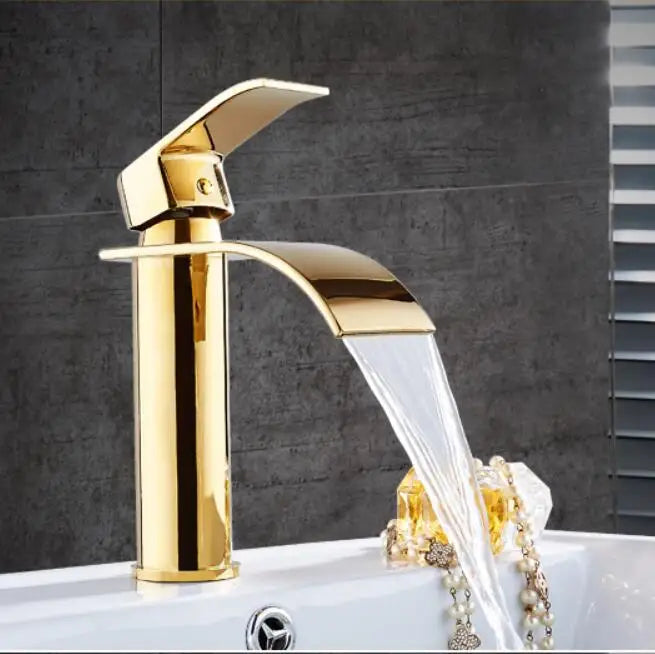 Tuqiu Basin Faucet Gold Waterfall Faucet Brass Bathroom