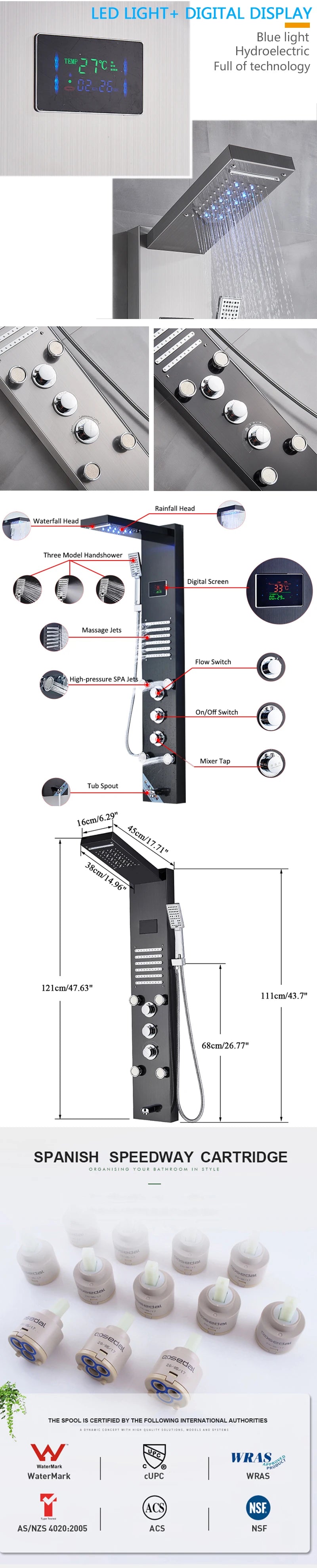 Luxury Black/Brushed Bathroom Led Shower Panel Tower System