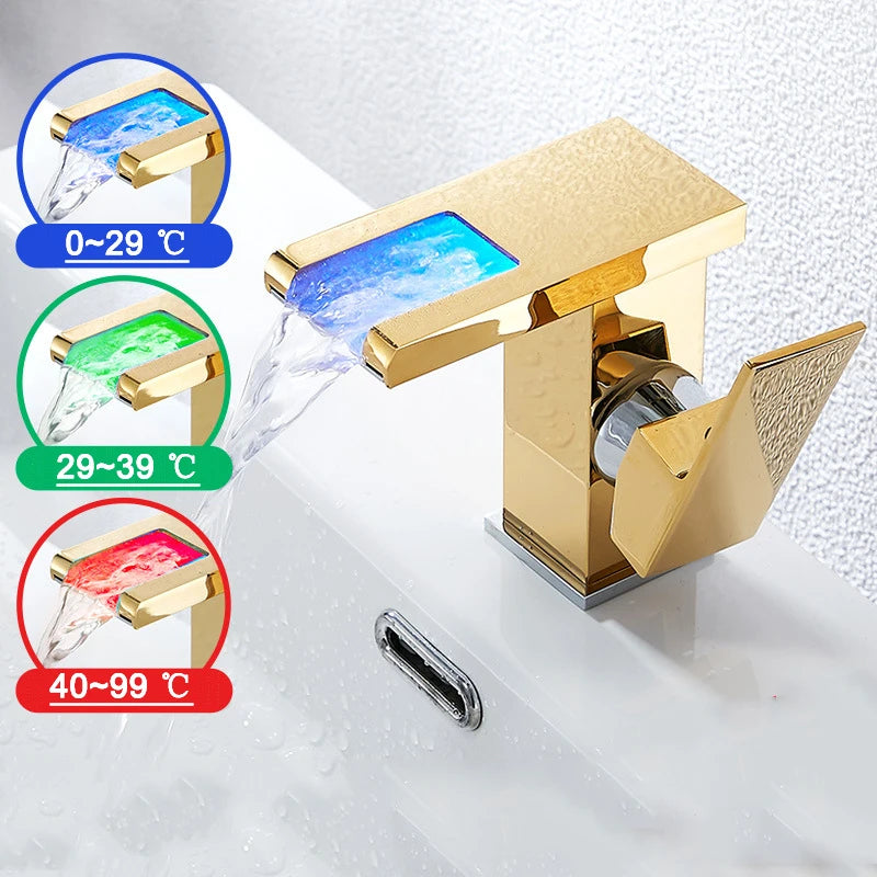 Bathroom Hydropower Led Waterfall Faucet Sink Basin Mixer
