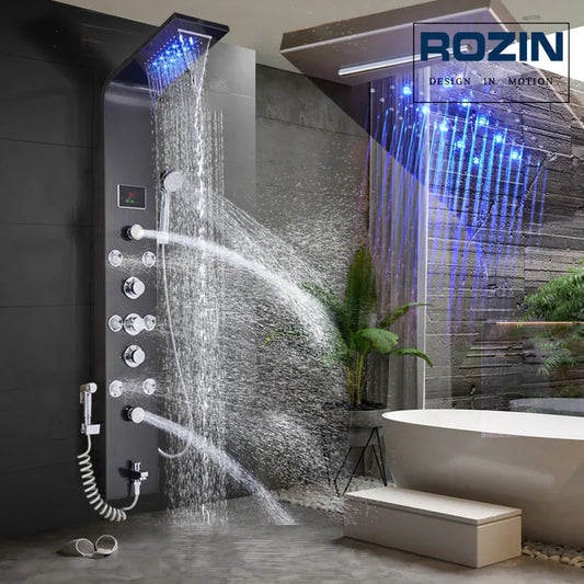 Led Light Shower Faucet Bathroom Waterfall Rain Black