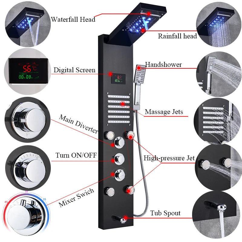 Black/Brushed Stainless Steel 5-Function Waterfall Rain Shower