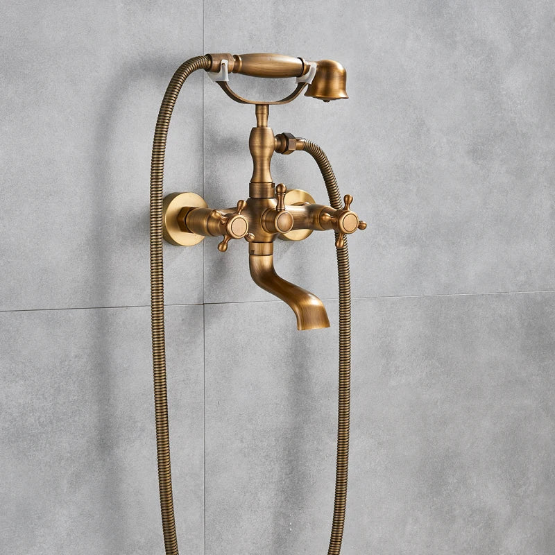 Antique Brass Bathtub Shower Faucet Bathroom Dual Handle
