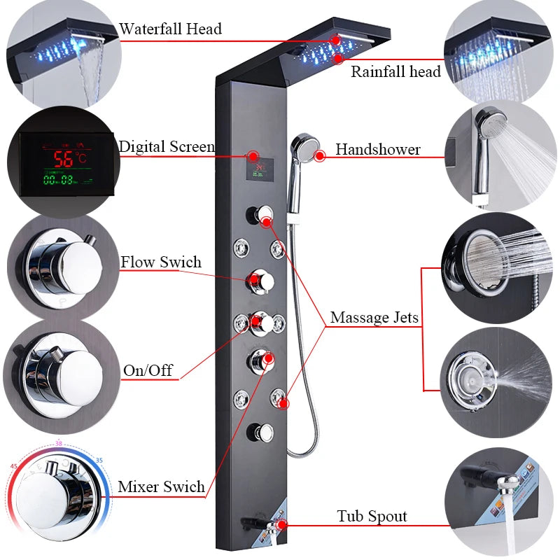 Newly Luxury Black/Brushed Bathroom Shower Faucet Led Shower