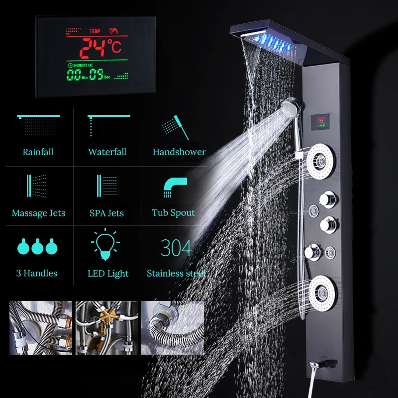 Newly Luxury Black/Brushed Bathroom Shower Faucet Led Shower