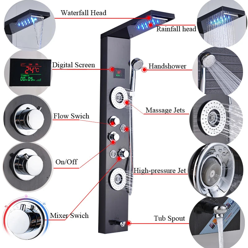 Newly Luxury Black/Brushed Bathroom Shower Faucet Led Shower
