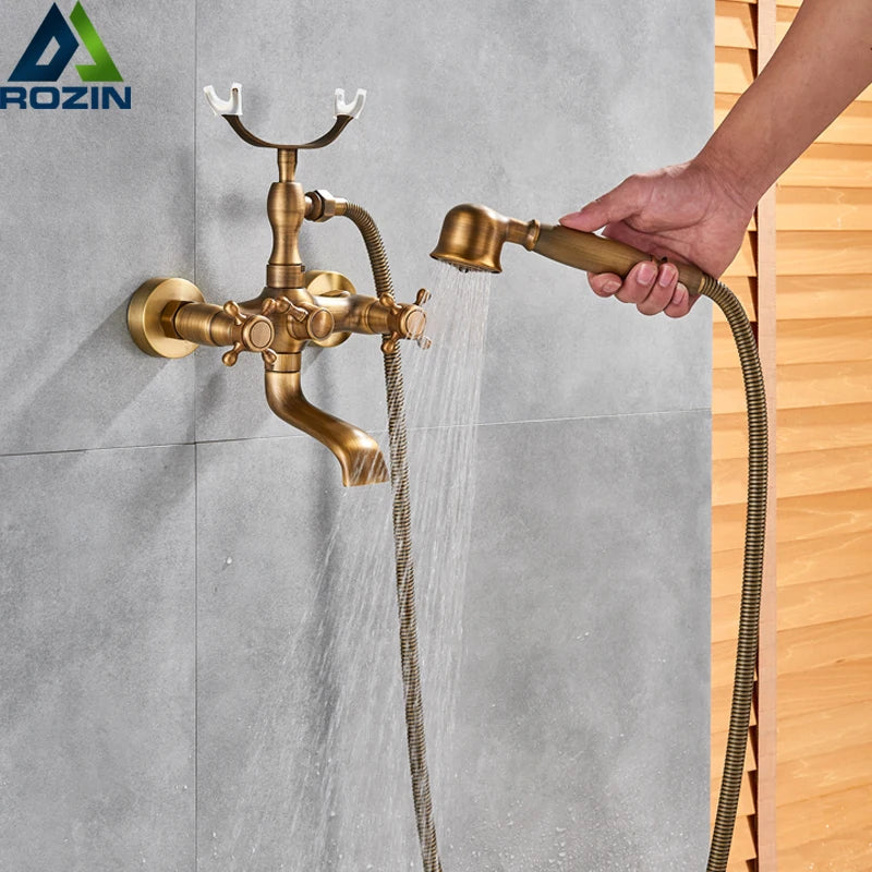 Antique Brass Bathtub Shower Faucet Bathroom Dual Handle