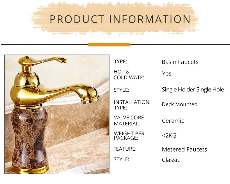 Luxury Golden Faucet Coffee Color Marble Bathroom Sink