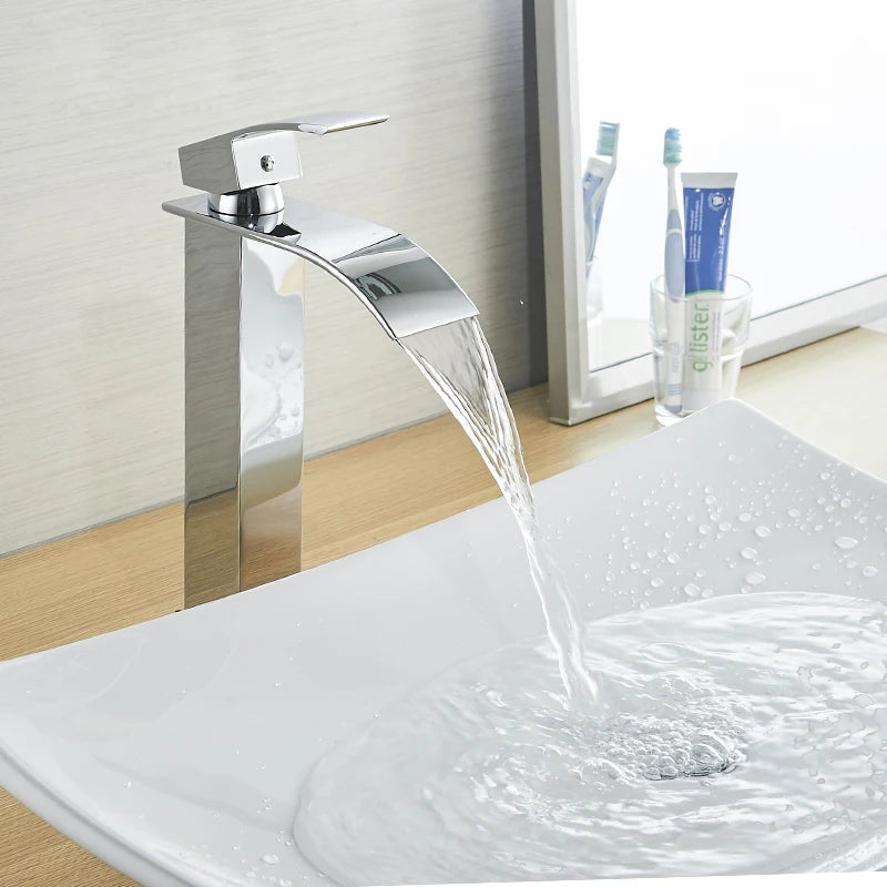 Rozin Waterfall Bathroom Sink Faucet Deck Mount Cold