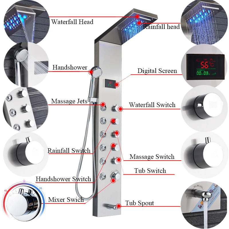 Newly Luxury Black/Brushed Bathroom Shower Faucet Led Shower