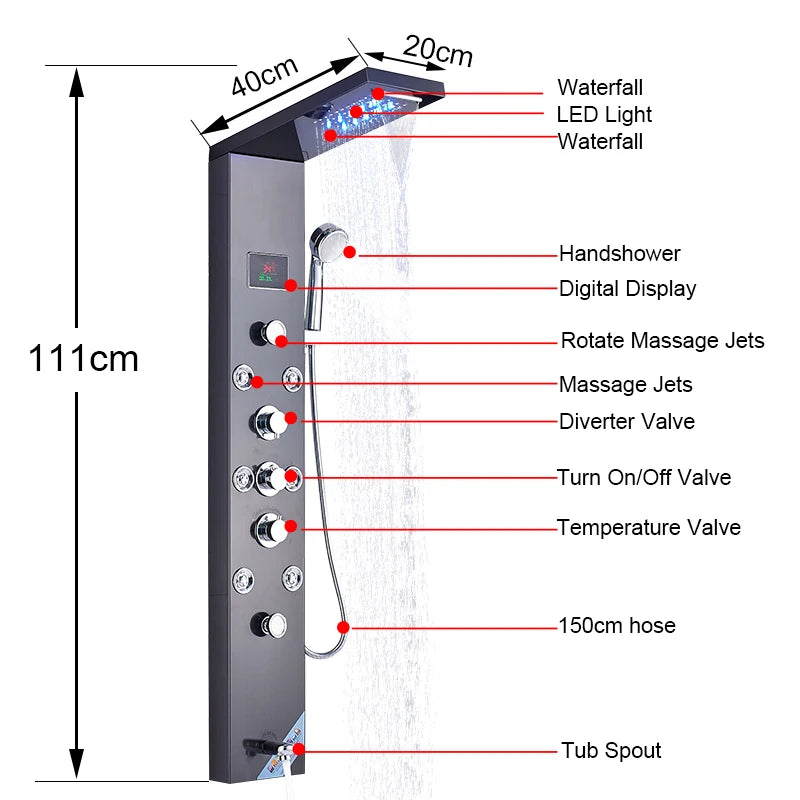 Led Shower Panel Waterfall Rain Temperature Digital Display