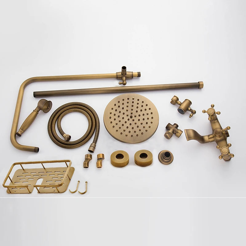 Antique Brass Wall Mounted Bathtub Shower Faucet Dual