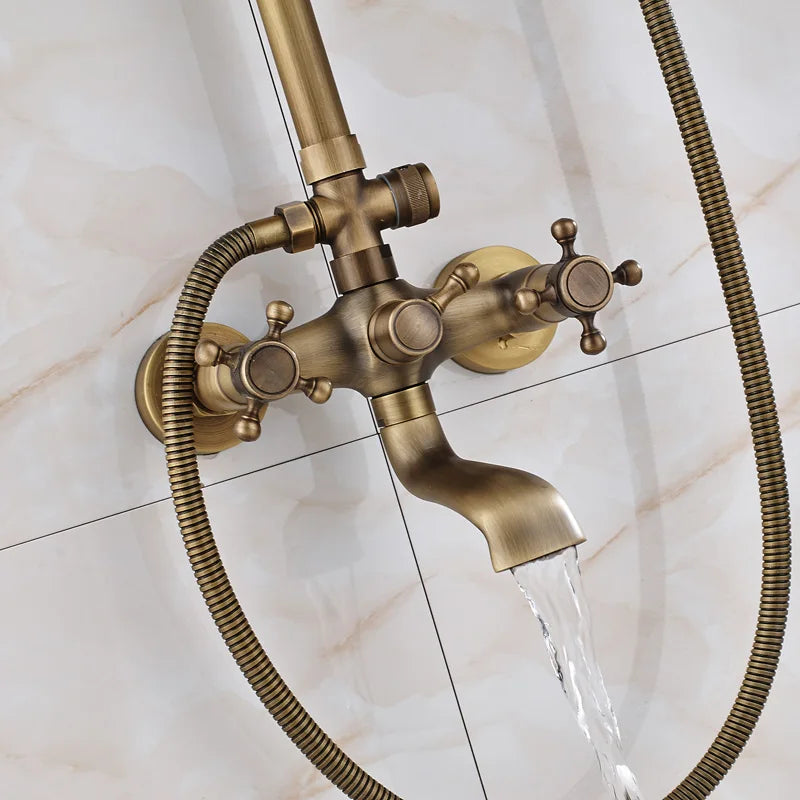 Antique Brass Wall Mounted Bathtub Shower Faucet Dual