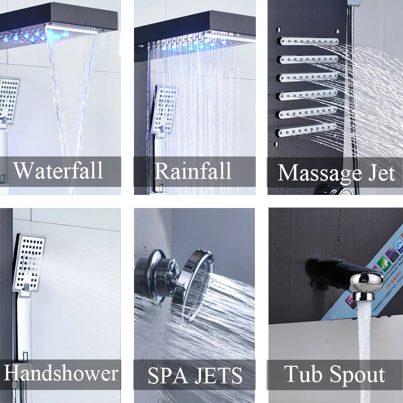 Black/Brushed Stainless Steel 5-Function Waterfall Rain Shower