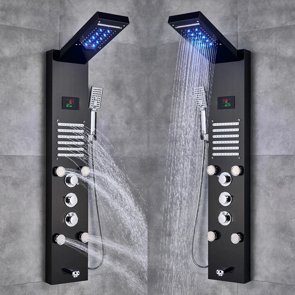 Black/Brushed Stainless Steel 5-Function Waterfall Rain Shower