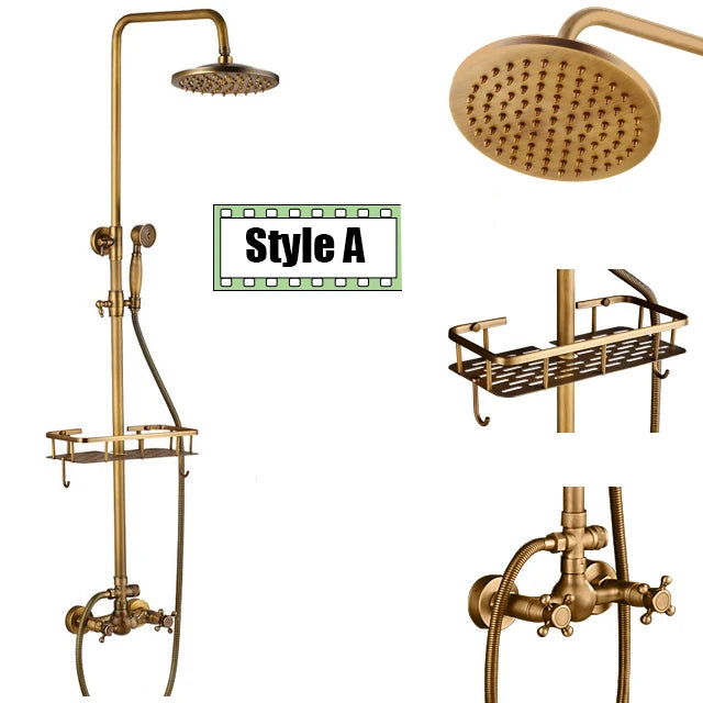 Antique Brass Shower Faucet Inch Rainfall Shower Head