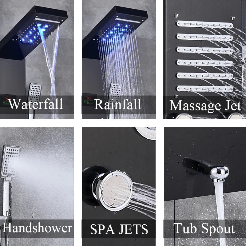 Black/Brushed Stainless Steel 5-Function Waterfall Rain Shower
