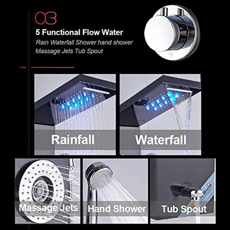 Luxury Black/Brushed Bathroom Led Shower Panel Tower System