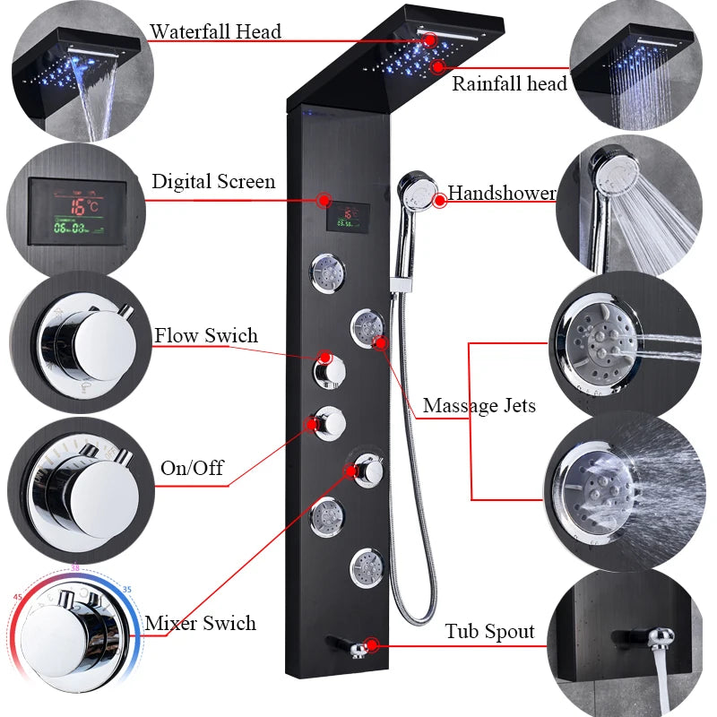Newly Luxury Black/Brushed Bathroom Shower Faucet Led Shower