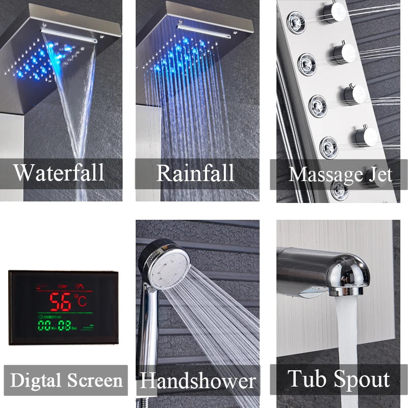 Newly Luxury Black/Brushed Bathroom Shower Faucet Led Shower