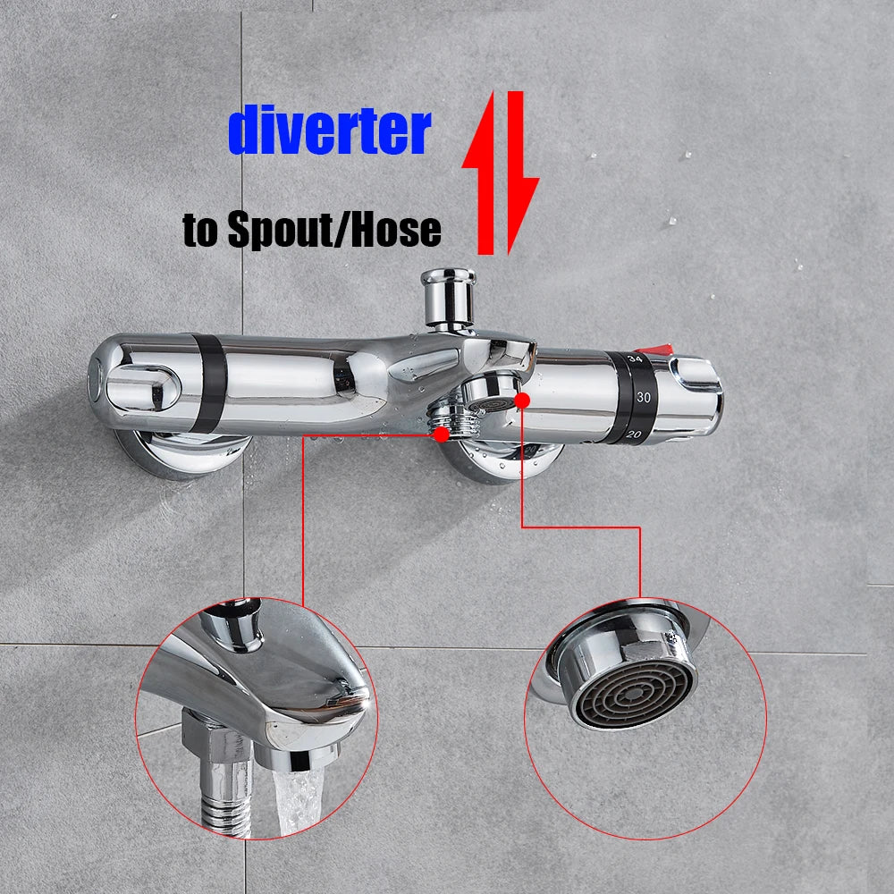 Thermostatic Bathroom Shower Faucet Chrome Mixer Valve Wall