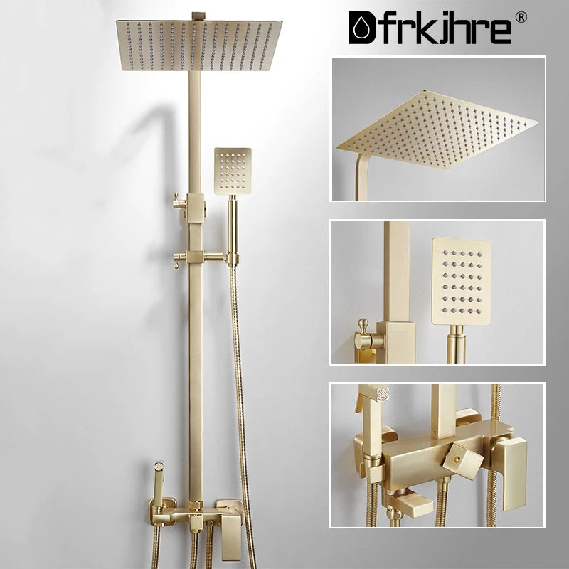 Bathroom Brushed Golden Shower Faucet Wall Mount Rainfall
