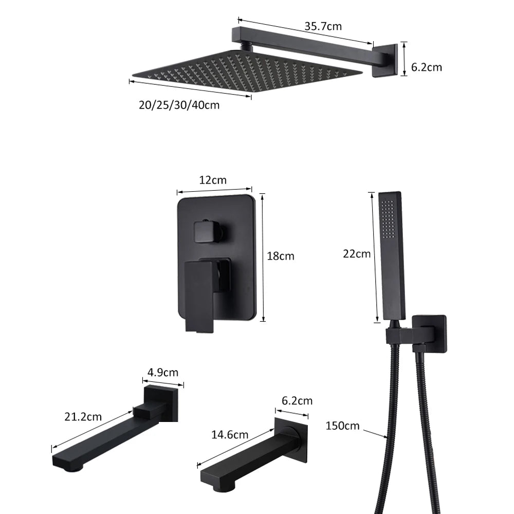 Saflihca Matte Black Shower Faucets Rainfall 8/10/12/16 Concealed