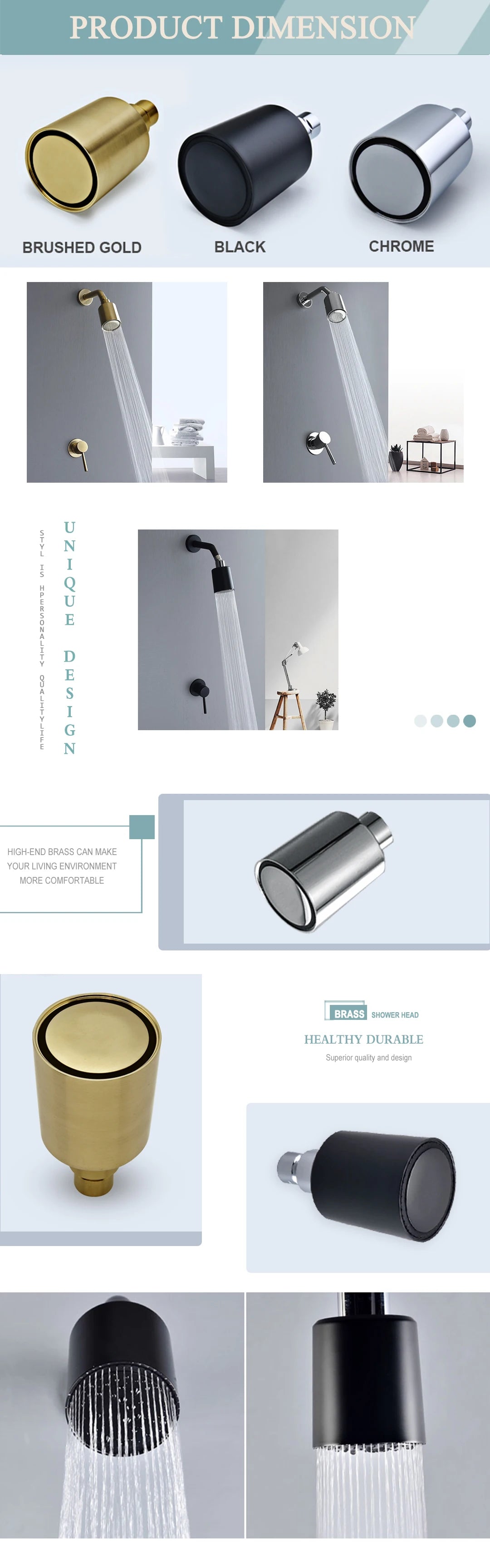 Brushed Gold Bathroom Shower Rainfall Shower Head Handle