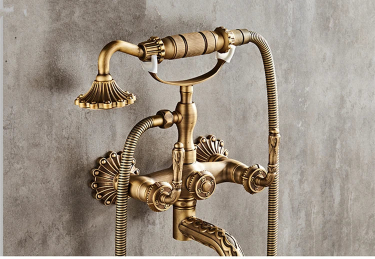 Antique Brass Bathtub Shower Faucets Wall Mounted Bath