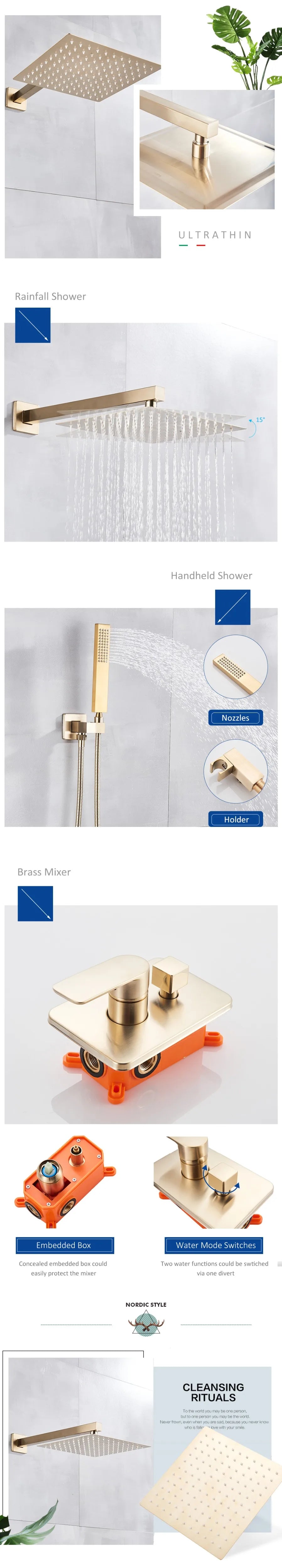 Quyanre Brushed Gold Shower Faucets Bathroom Wall Mounted