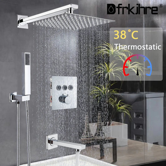 Bathroom Wall Mount Thermostatic Rainfall Shower Faucet Chrome