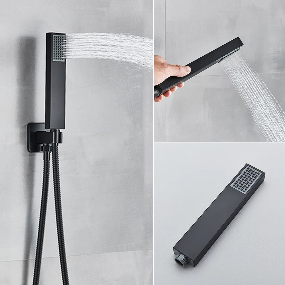 Black Led Thermostatic Bathroom Shower Faucet Rain Waterfall