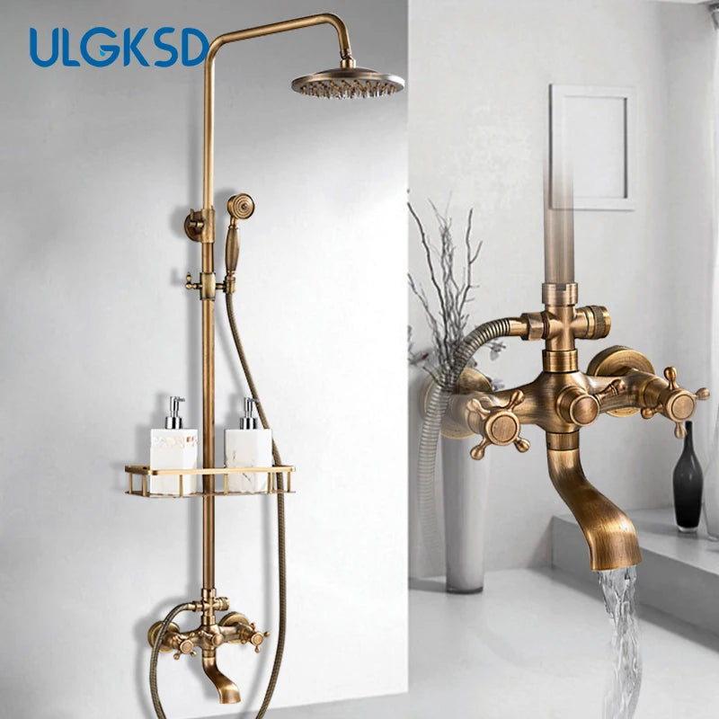 Antique Brass Bathroom Shower Faucets Rainfall Shower Head