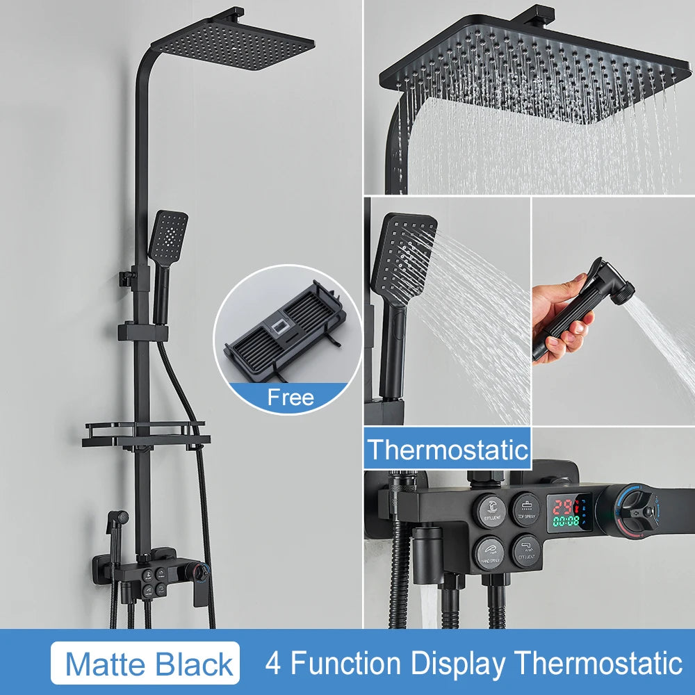 Black Thermostatic Lcd Shower Faucet Temperature Display Rainfall
