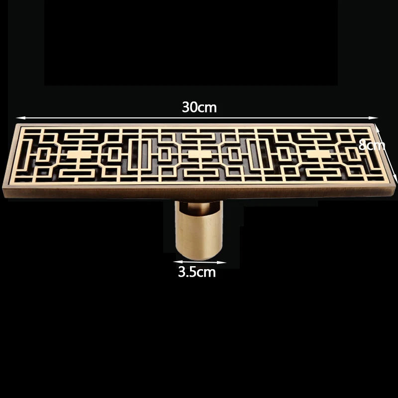 30cmx8cm Rectangle Brass Antique Brushed Carvd Drain Bathroom