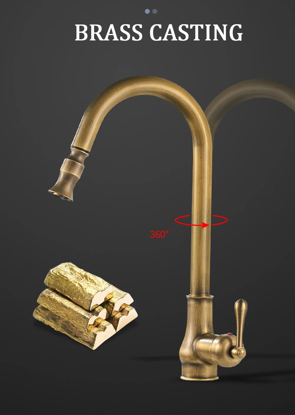 Antique Brass Sink Faucet Pull Down Swivel Spout