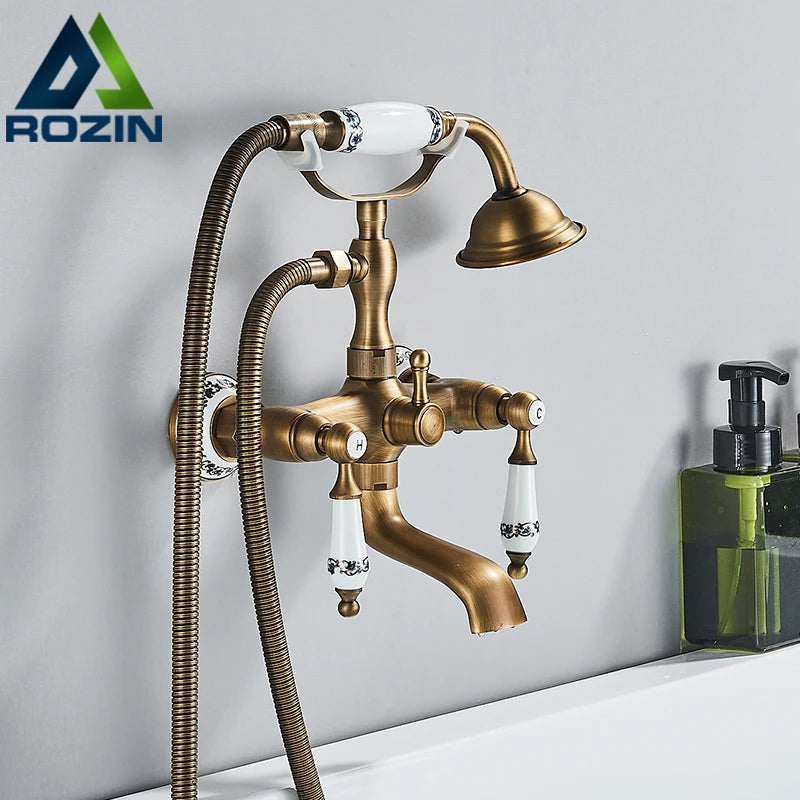 Antique Brass Bathtub Shower Faucet Bathroom Dual Handle