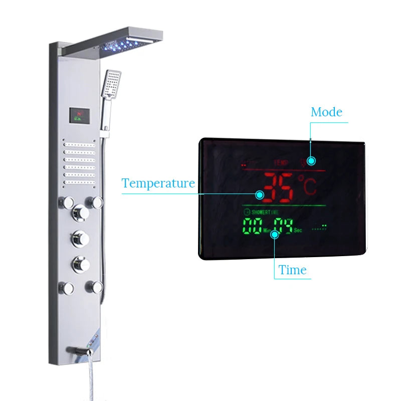 Black/Brushed Stainless Steel 5-Function Waterfall Rain Shower