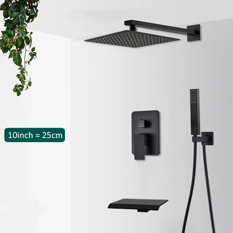 Black Concealed Shower System Rain Waterfall Bathroom Embedded