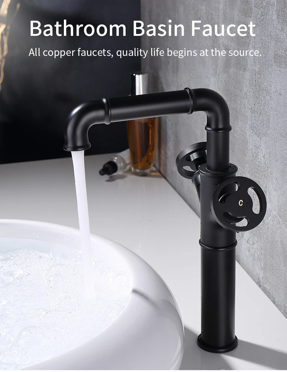 Basin Faucets Retro Industrial Style Matte Black Brass