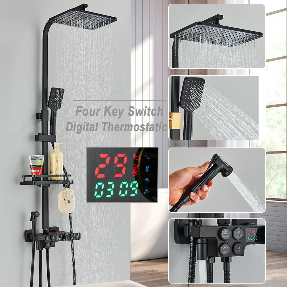 Black Thermostatic Lcd Shower Faucet Temperature Display Rainfall