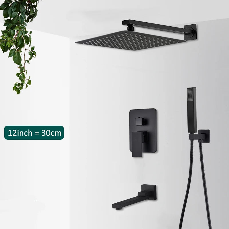 Black Concealed Shower System Rain Waterfall Bathroom Embedded