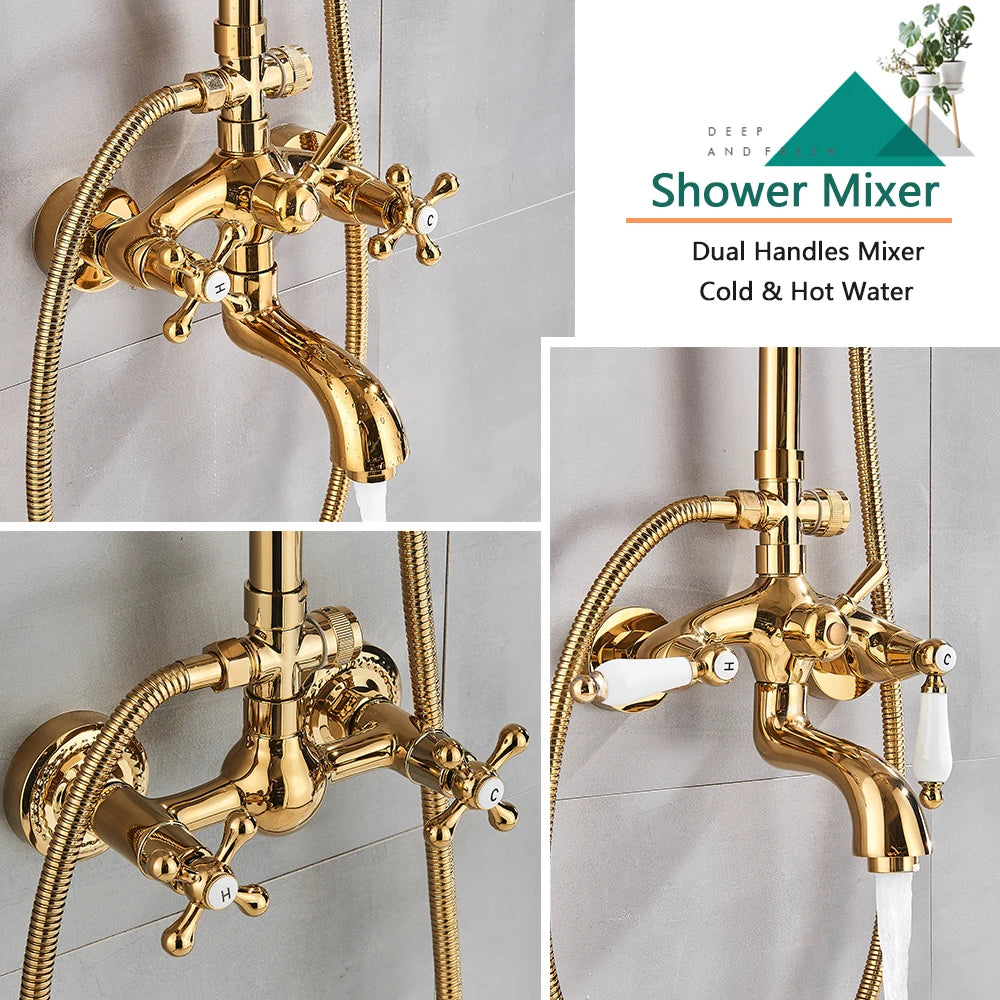 Rozin Gold Bathroom Shower Faucet Wall Mounted Brass