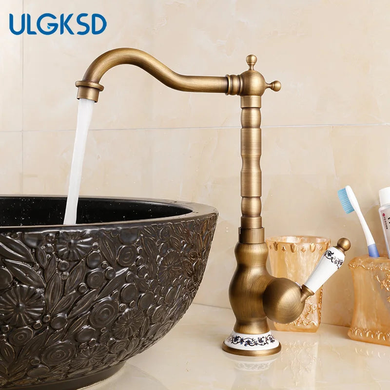 Luxury Retro Bathroom Sink Faucet Antique Brass Basin