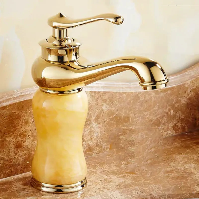 Luxury Golden Handle Bathroom Sink Faucet Jade Marble